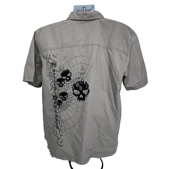 Harley Davidson‎ Short Sleeve Button Up Embroidered Shirt Skulls Flames Large - Picture 2 of 11